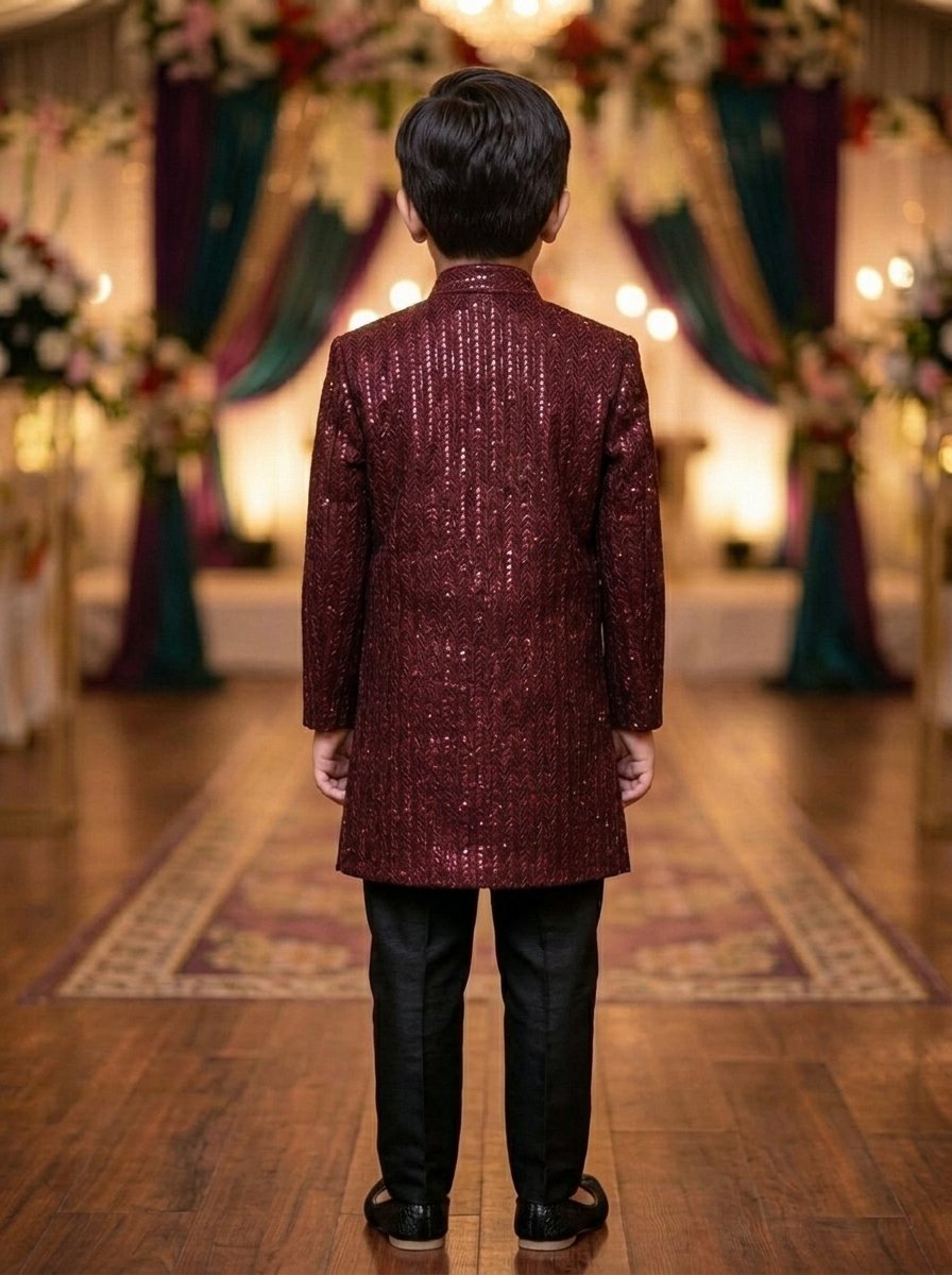 Mahroon Sequence Jamawar  Sherwani