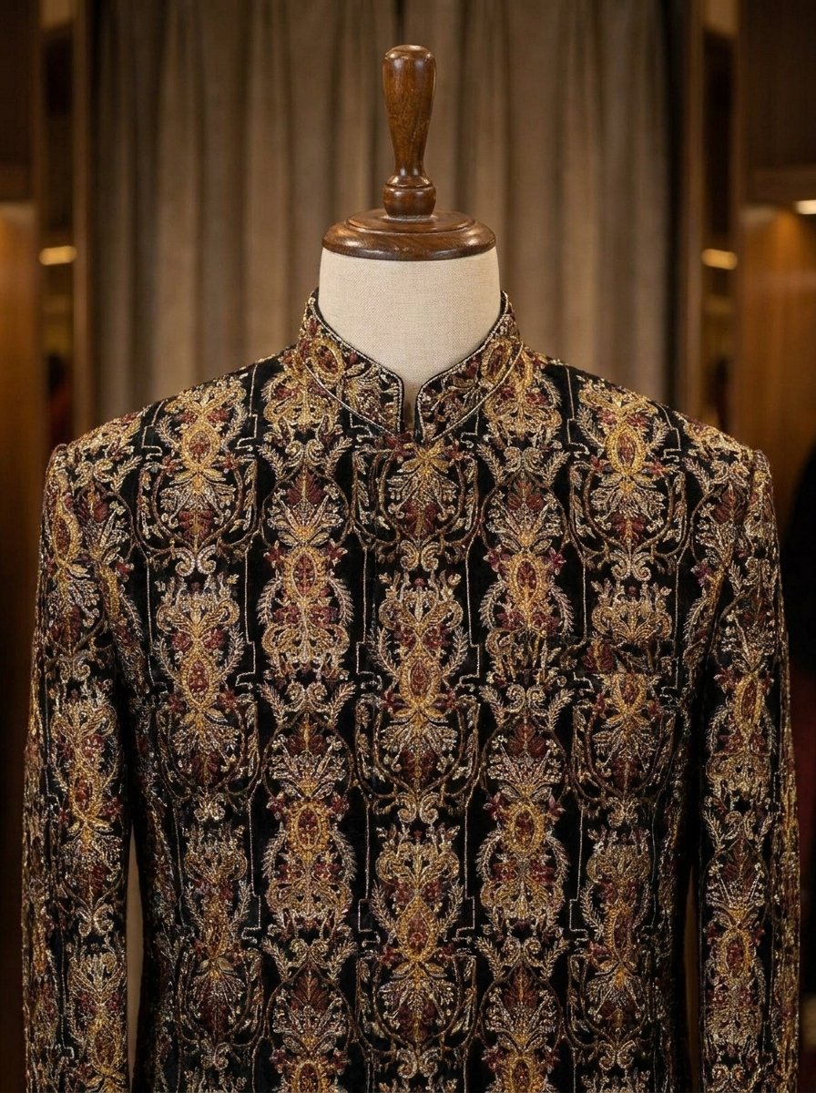Designer Black Vevlet Embroidered Sherwani