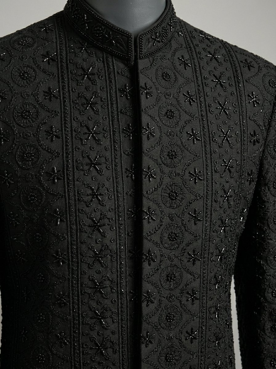 Black Hand Made Embroidered Sherwani
