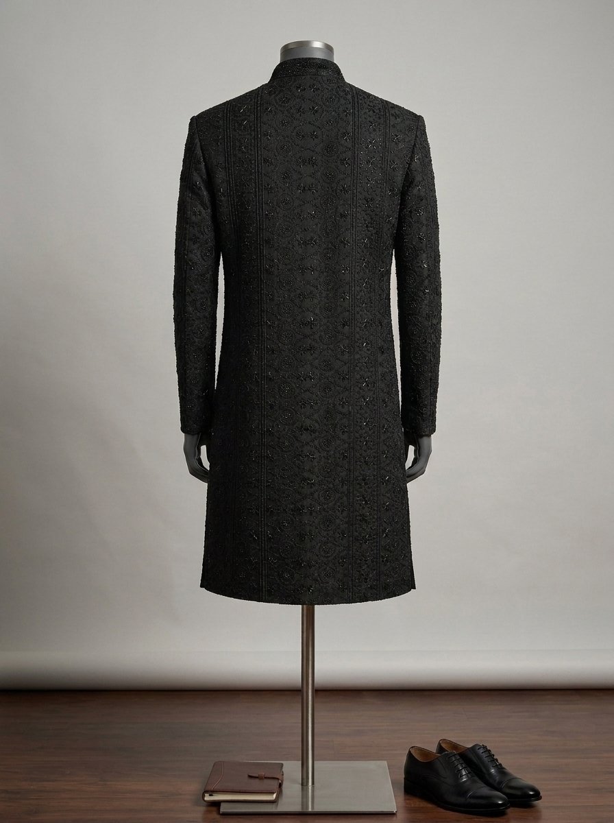 Black Hand Made Embroidered Sherwani