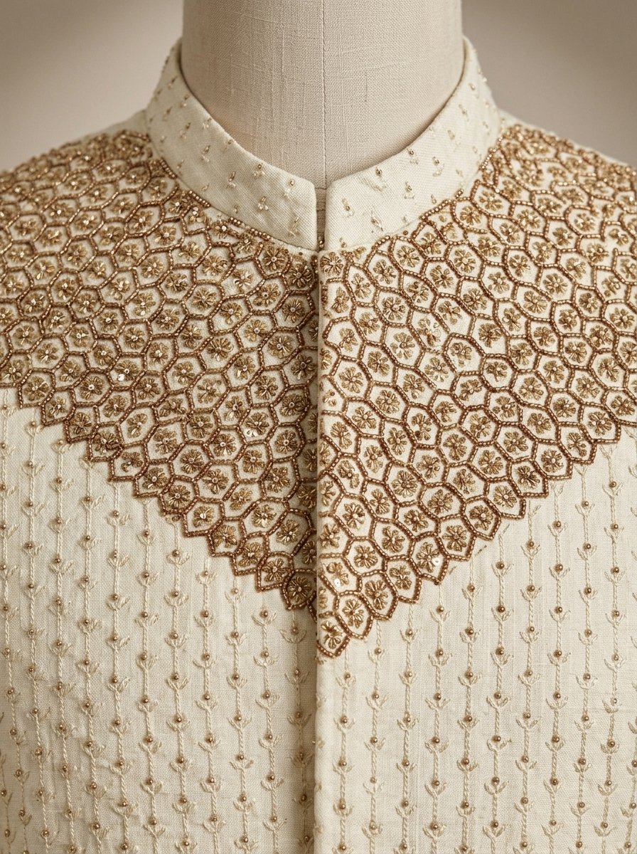 Elegant Off White Hand Made Embroidered Sherwani