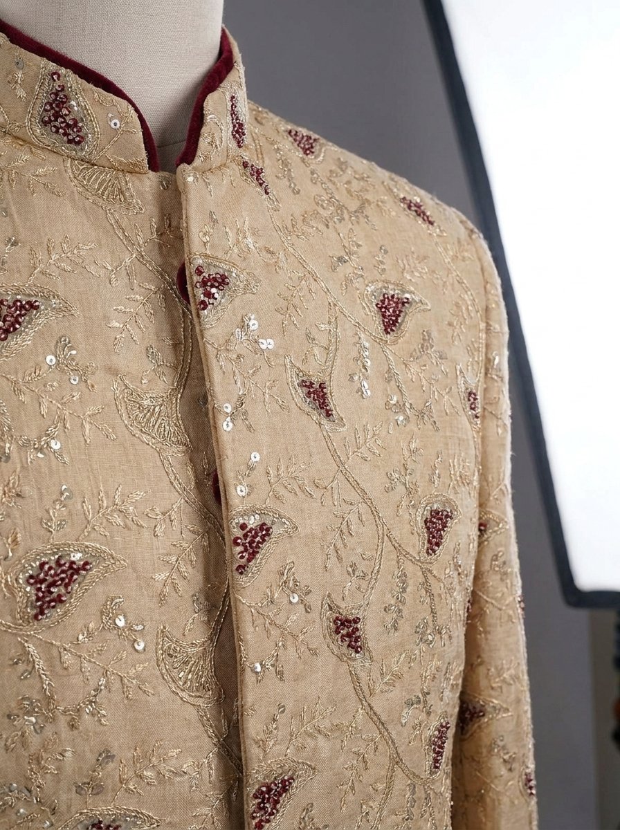 Dark Golden skin Hand Made Embroidered Sherwani