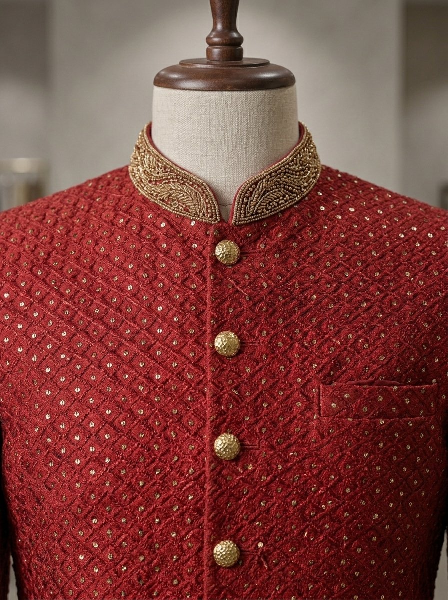 Premium Mehroon Hand Made Embroidered Sherwani