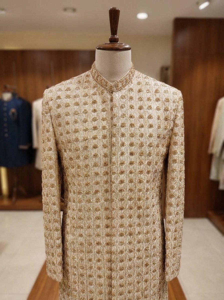 Light Skin Hand Made Embroidered Sherwani