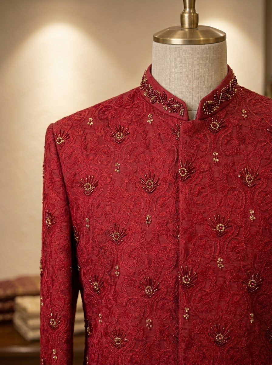 Mehroon Long Hand Made Embroidered Prince Coat